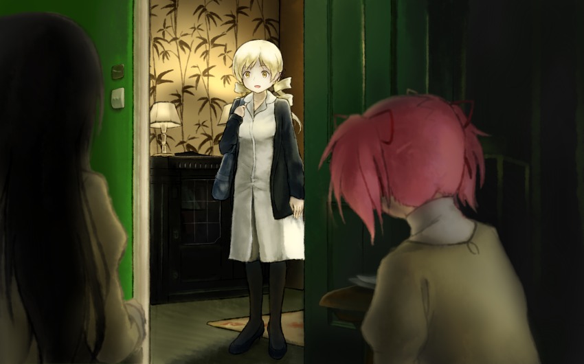 3girls, absurdres, akemi_homura, bag, cosplay, crossover, highres, indoors