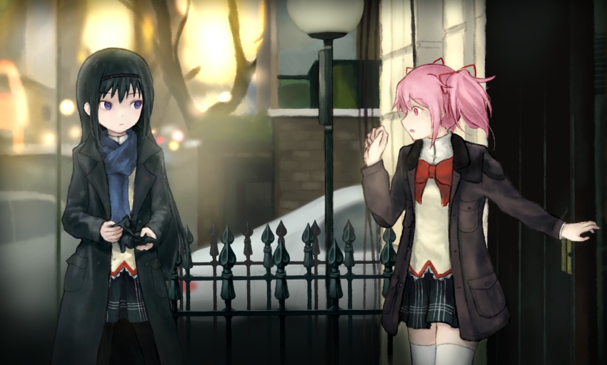 2girls, akemi_homura, black_hair, cosplay, crossover, highres, kaname_madoka, long_hair