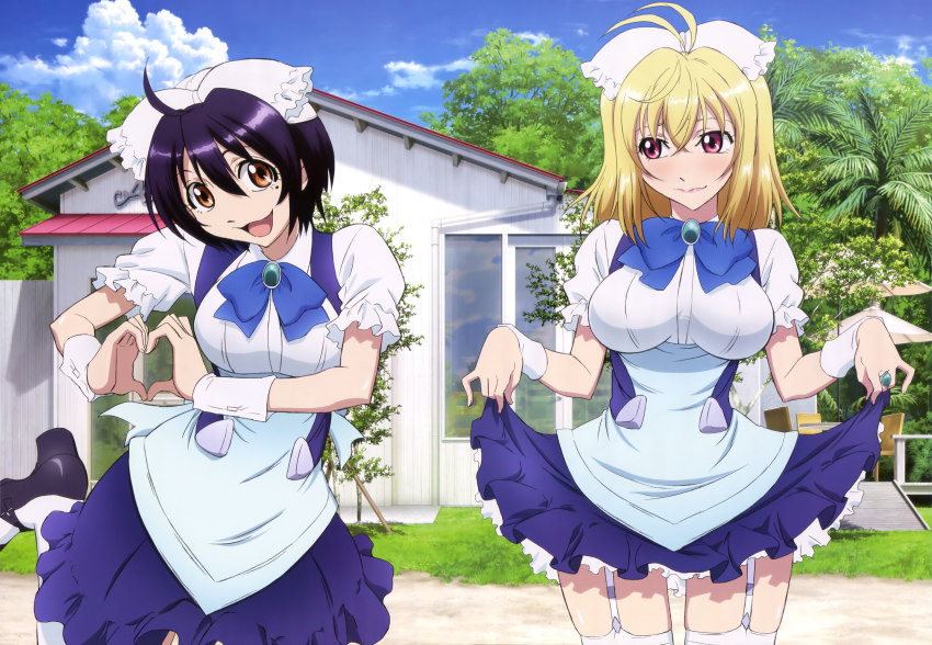 10s, 2girls, absurdres, alternate_costume, angelise_ikaruga_misurugi, apron, blonde_hair, cross_ange, enmaided, garter_straps, heart, heart_hands, highres, maid, maid_apron, maid_headdress, mole, mole_under_eye, momoka_oginome, multiple_girls, nyantype, official_art, short_hair, skirt, thighhighs, zettai_ryouiki