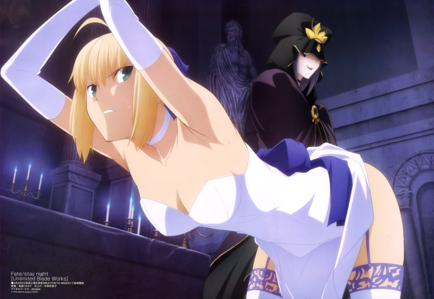 2girls, absurdres, ahoge, angry, armpits, artoria_pendragon_(fate), bent_over, blonde_hair, bow, candle, candlestand, cape, choker, clothes_lift, dress, dress_lift, elbow_gloves, fate/stay_night, fate_(series), from_below, garter_straps, gloves, hair_bow, highres, hood, indoors, looking_back, medea_(caster)_(fate), medea_(fate), megami_magazine, multiple_girls, official_alternate_costume, official_art, restrained, saber_(fate), scan, shimabukuro_ricardo, short_hair, smile, statue, sweatdrop, thighhighs, white_dress, white_gloves, white_legwear
