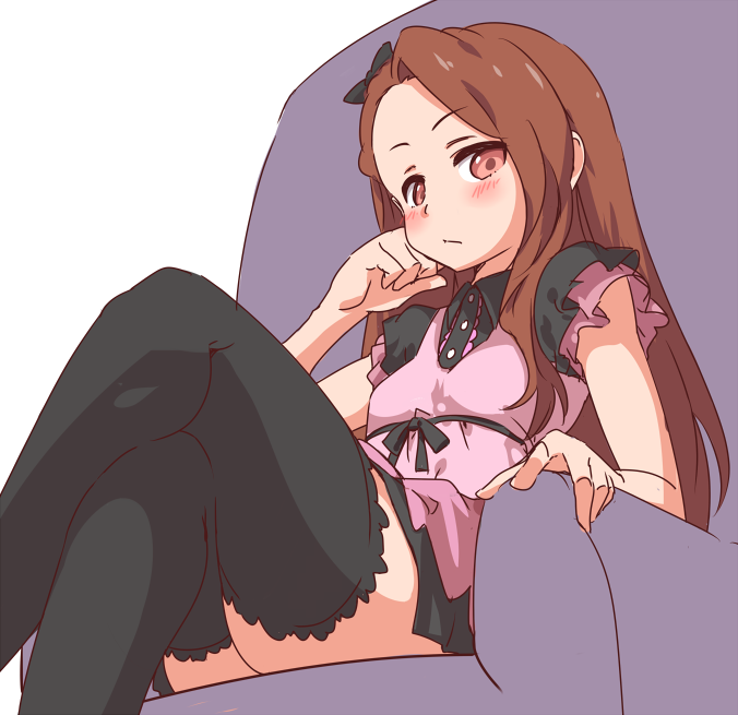 1girl, black_thighhighs, blush, brown_hair, crossed_legs, ekusiregaia, female_focus, idolmaster