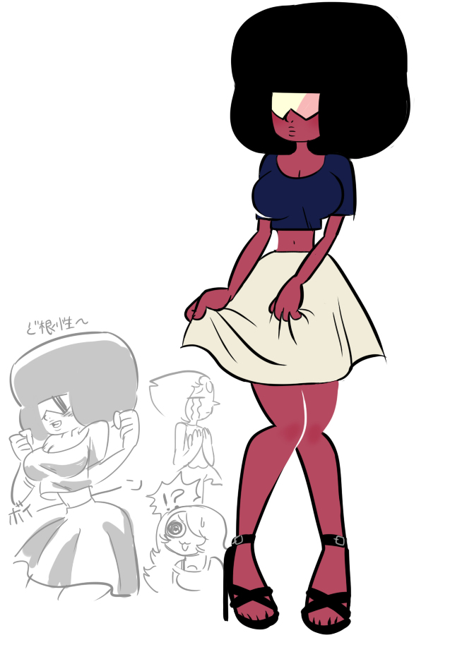 !?, 3girls, afro, amethyst_(steven_universe), bare_legs, breast_envy, breasts, cartoon_network, dark-skinned_female, dark_skin, garnet_(steven_universe), glasses, high_heels, isomaru, large_breasts, midriff, miniskirt, multiple_girls, opaque_glasses, pearl_(steven_universe), simple_background, skirt, steven_universe, tears, white_background