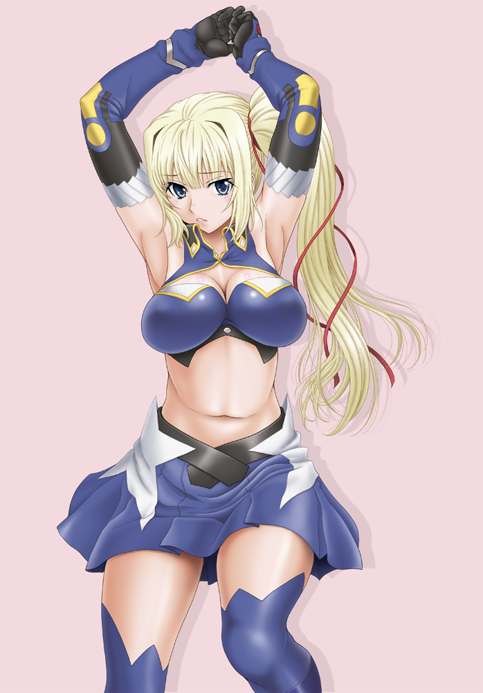 10s, 1girl, armpits, arms_up, bare_shoulders, blonde_hair, blue_eyes, blue_gloves