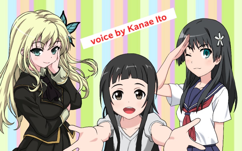 10s, 3girls, black_eyes, black_hair, blonde_hair, blue_eyes, boku_wa_tomodachi_ga_sukunai, butterfly_hair_ornament