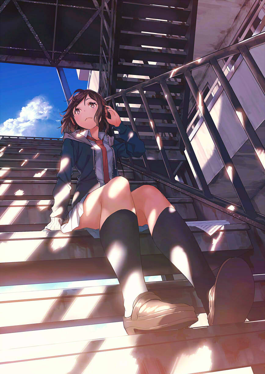 10s, 1girl, bad_id, bad_pixiv_id, black_socks, blue_sky, blush, brown_eyes