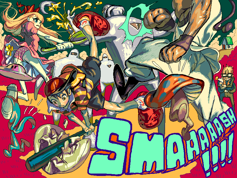 1girl, 3boys, baseball_bat, child, frying_pan, holding, holding_baseball_bat, holding_frying_pan