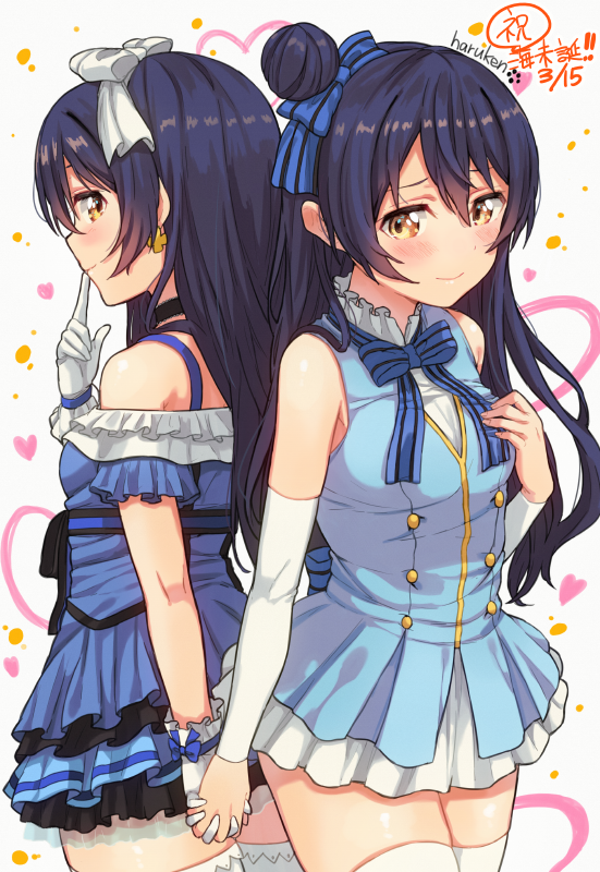 10s, 2girls, artist_name, blue_hair, confetti, dated, dress, dual_persona, earrings, finger_to_mouth, gloves, hair_bun, haruken, holding_hands, jewelry, kira-kira_sensation!, long_hair, love_live!, love_live!_school_idol_project, multiple_girls, multiple_persona, ribbon, signature, single_hair_bun, sonoda_umi, start:dash!!, thighhighs, white_gloves, yellow_eyes