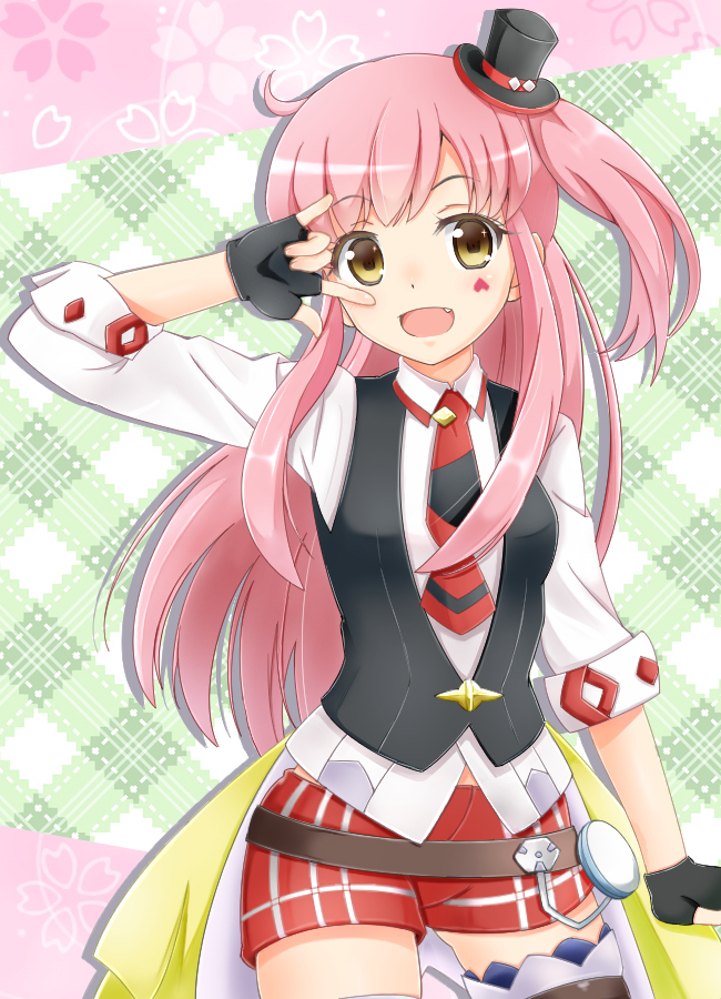 10s, 1girl, black_gloves, brown_eyes, fang, female_focus, fingerless_gloves, gloves, hat, heart, heart_tattoo, kurose_yuuki, log_horizon, long_hair, m/, mini_hat, mini_top_hat, necktie, open_mouth, pink_hair, revision, shorts, side_ponytail, smile, solo, tattoo, tetra_(log_horizon), thighhighs, top_hat