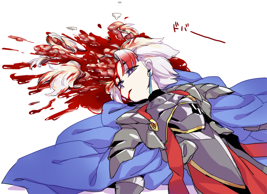 1girl, armor, baldur_(sekaiju), blood, blood_splatter, brain, cape, death, earrings, etrian_odyssey, female_focus, guro, jewelry, male_focus, nekobayashi_(nekoforest), purple_eyes, sekaiju_no_meikyuu, sekaiju_no_meikyuu_4, solo, white_hair