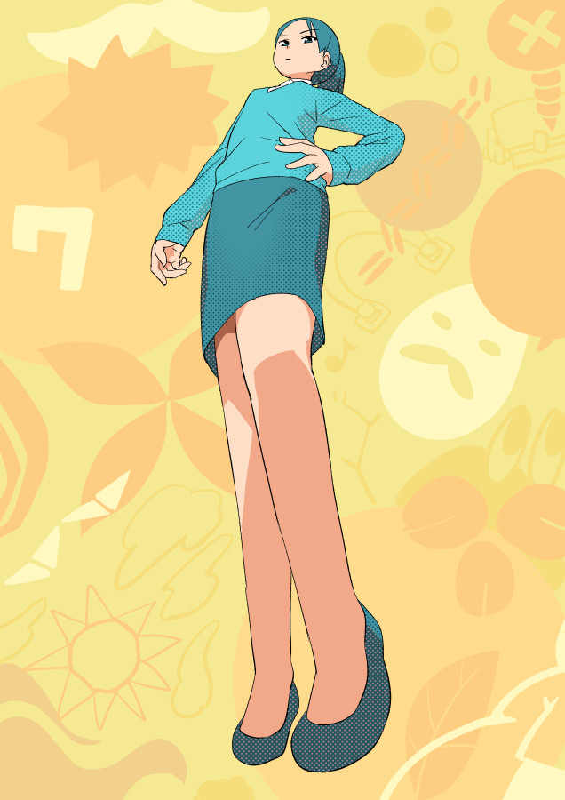 10s, 1girl, facial_hair, female_focus, foreshortening, from_below, hand_on_own_hip, mustache