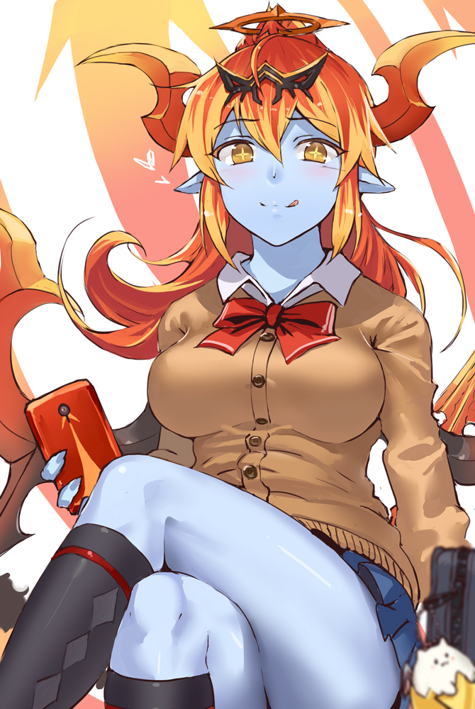 1girl, argyle_clothes, argyle_legwear, blue_skin, blue_skirt, bow, breasts, cellphone