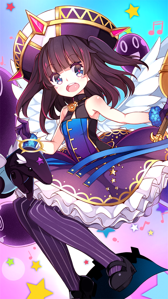 1girl, :d, bare_shoulders, beamed_quavers, bell, blue_eyes, blush, dress