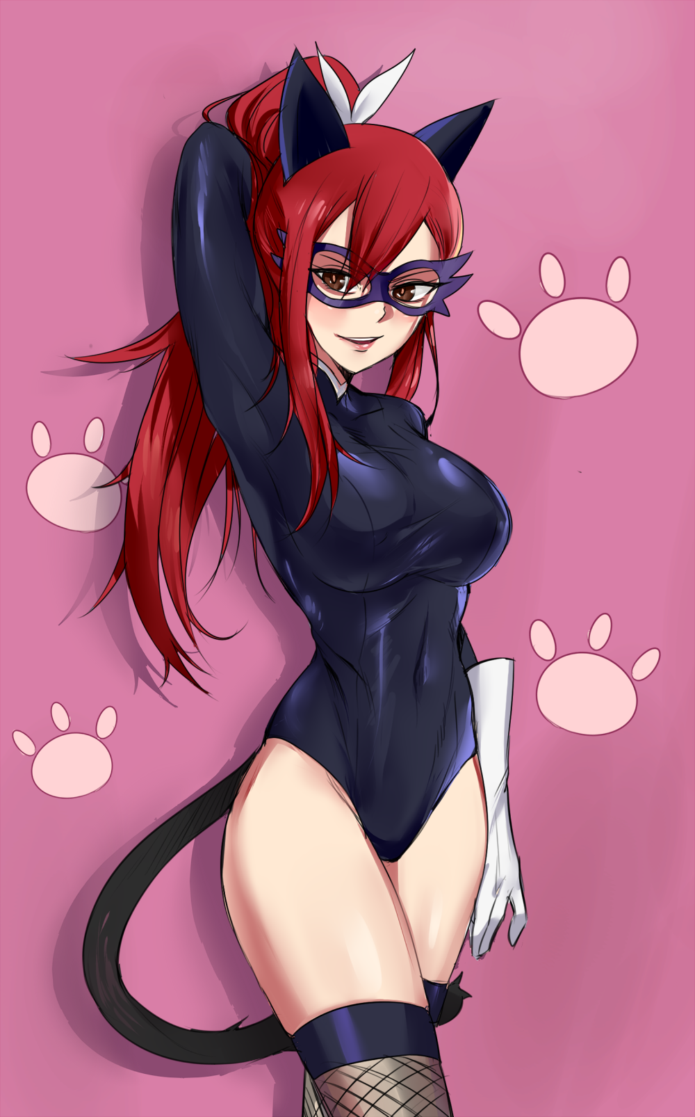 >:d, 1girl, :d, animal_ears, arm_behind_head, arm_up, armpits, black_leotard, breasts, brown_eyes, cat_ears, cat_tail, catsuit, covered_navel, cowboy_shot, domino_mask, elbow_gloves, erza_scarlet, eye_mask, fairy_tail, fairy_woman, fake_animal_ears, fake_tail, female_focus, fishnet_thighhighs, fishnets, from_side, gloves, hair_ribbon, high_ponytail, highres, kemonomimi_mode, large_breasts, leotard, lipstick, long_hair, long_sleeves, makeup, mask, open_mouth, paw_print, pink_background, ponytail, red_hair, ribbon, ryairyai, shadow, sidelocks, simple_background, smile, solo, standing, tail, taut_clothes, thighhighs, turtleneck, v-shaped_eyebrows, white_gloves, white_ribbon
