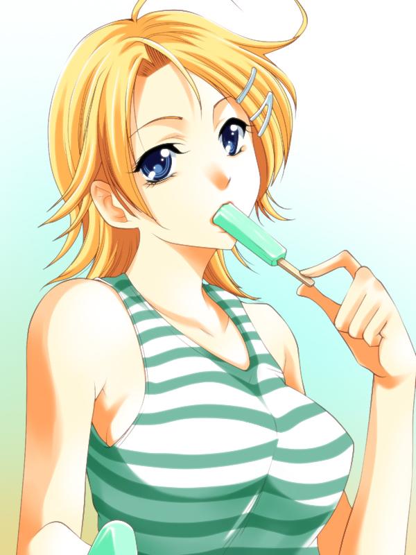 1girl, bare_shoulders, blonde_hair, blue_eyes, breasts, dessert, female_focus, food, food_in_mouth, hair_ornament, kaga_akari, kimi_no_iru_machi, large_breasts, looking_at_viewer, official_art, popsicle, seo_kouji, short_hair, simple_background, solo, striped_tank_top, tank_top