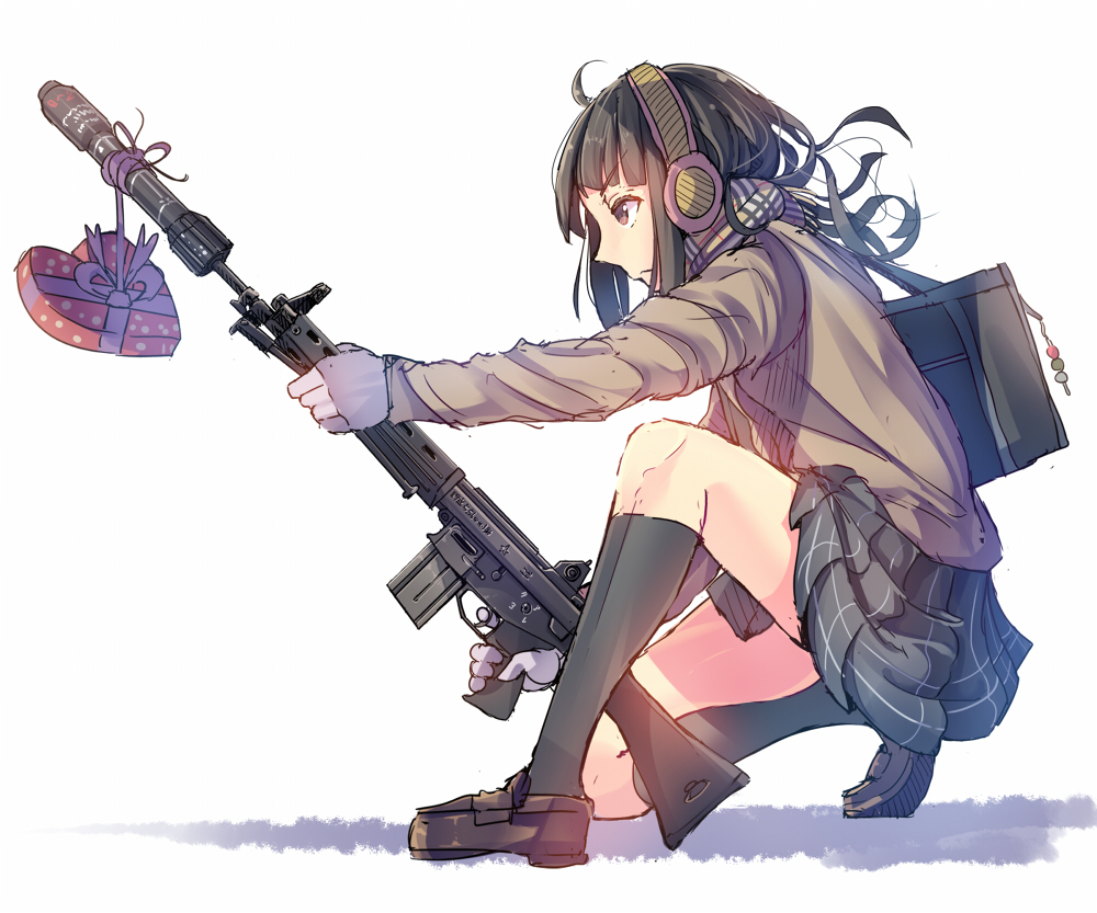 1girl, ammunition, assault_rifle, bag, black_hair, box, daito, earmuffs
