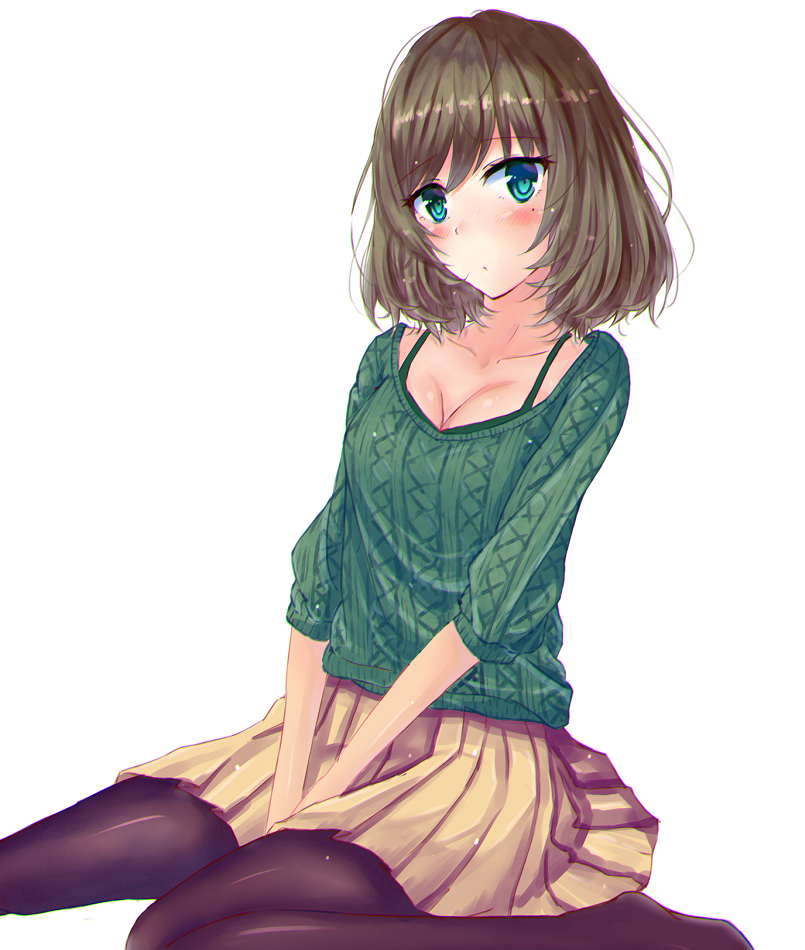 10s, 1girl, aqua_eyes, blush, breasts, brown_hair, cleavage, female_focus