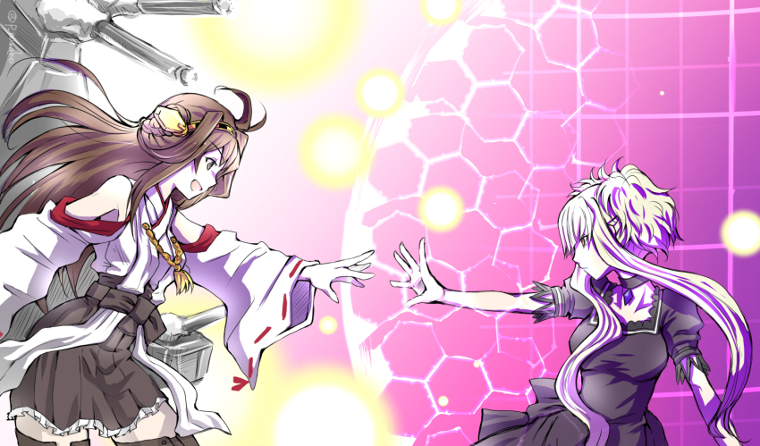 10s, 2girls, aoki_hagane_no_arpeggio, blonde_hair, boots, brown_hair, detached_sleeves, double_bun, dress, hairband, headgear, kantai_collection, kongou_(aoki_hagane_no_arpeggio), kongou_(kancolle), long_hair, multiple_girls, name_connection, nontraditional_miko, numanuma, thigh_boots, thighhighs, twintails