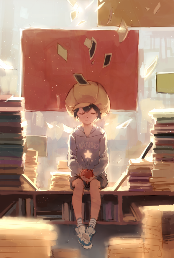 1girl, apple, black_hair, book, book_stack, newsboy_cap, closed_eyes, denki-gai_no_hon'ya-san