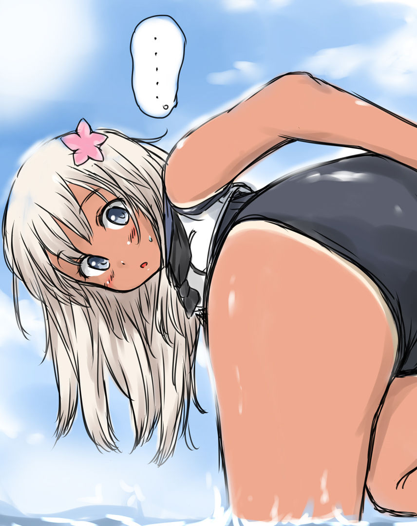 ..., 10s, 1girl, ass, bare_shoulders, bent_over, blonde_hair, blue_eyes