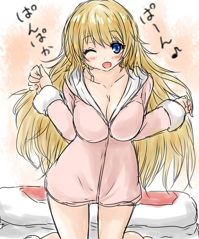 10s, 1girl, atago_(kancolle), blonde_hair, blue_eyes, blush, breasts, clenched_hand
