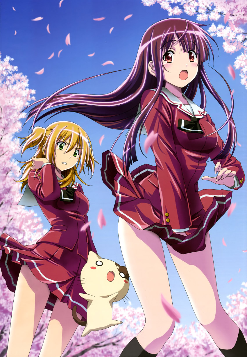 10s, 2girls, :d, absurdres, amami_hibiki, black_socks, blonde_hair, blush