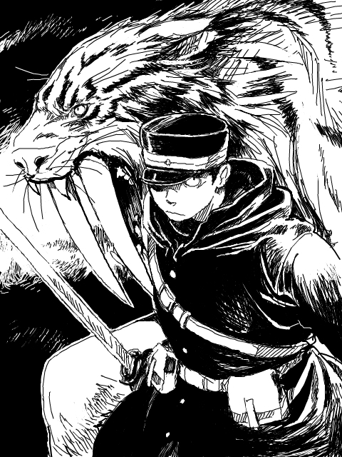 1boy, belt, belt_pouch, chihaya_(koukoku_no_shugosha), coat, fangs, greyscale, hat