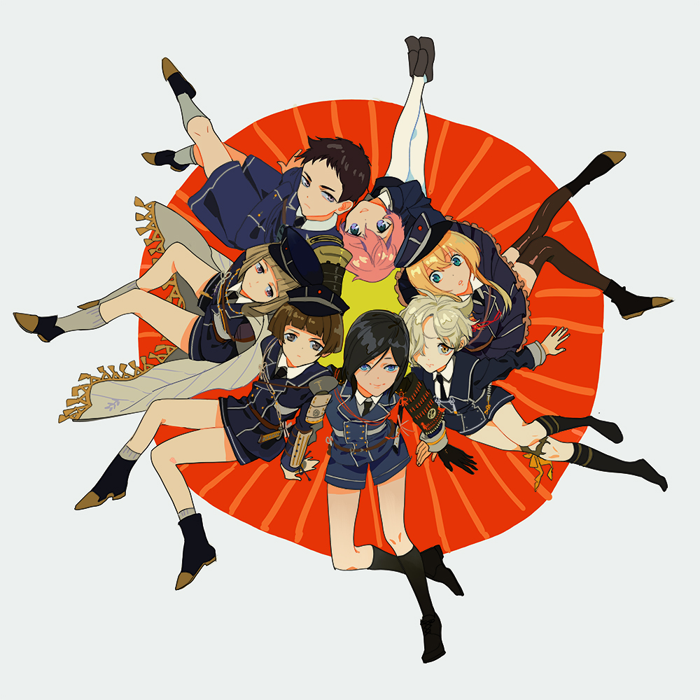 10s, 6+boys, akita_toushirou, atsushi_toushirou, awataguchi_family_(touken_ranbu), black_gloves, black_hair, black_socks