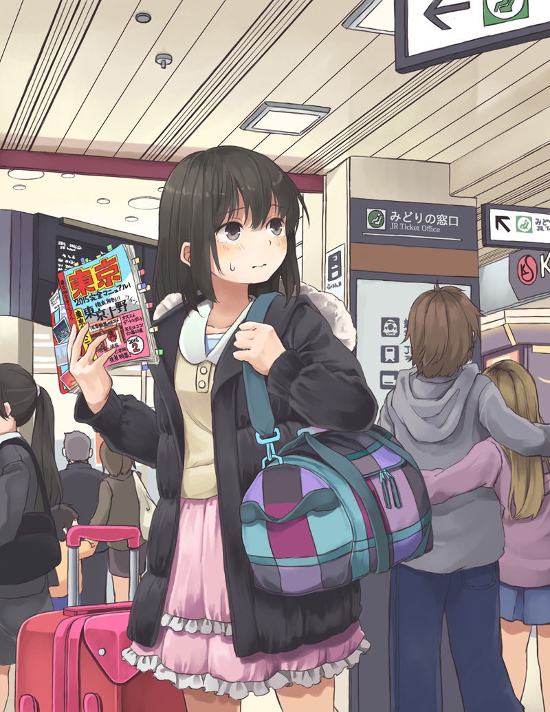 3boys, 4girls, bag, black_eyes, black_hair, book, brown_hair, katou_riko_(mikkii), katou_riko_(niichi), long_hair, luggage, multiple_boys, multiple_girls, niichi_(komorebi-palette), original, ponytail, sakuma_mashiro, short_hair, skirt, solo_focus, tears, train_station