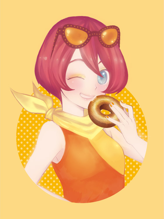1girl, blue_eyes, blush, donut, eyewear_on_head, female_focus, food, grin, jojon, looking_at_viewer, mister_donut, old-fashioned_donut, old_fashion_(doughnut), one_eye_closed, personification, red_hair, short_hair, simple_background, sleeveless, smile, solo, sunglasses, upper_body