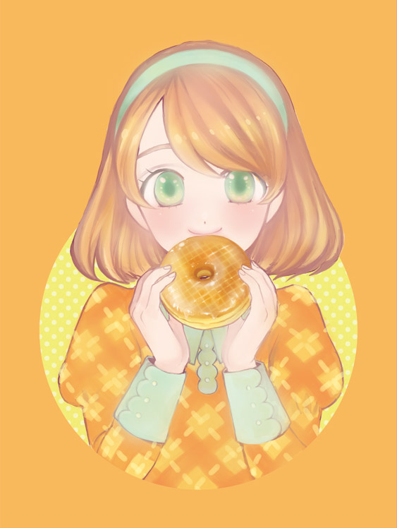 1girl, brown_hair, donut, female_focus, food, green_eyes, hairband, honey_dip, jojon, looking_at_viewer, mister_donut, orange_background, personification, short_hair, simple_background, smile, solo, upper_body
