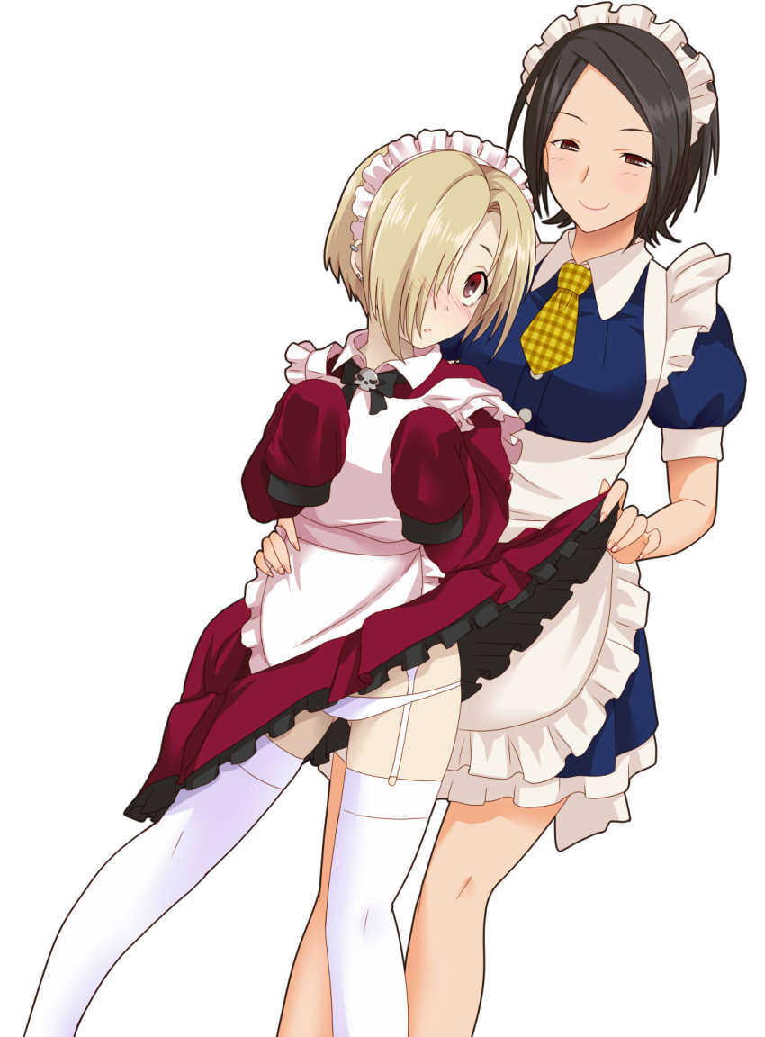 10s, 2girls, :o, black_hair, blonde_hair, blush, brown_eyes, clothes_lift