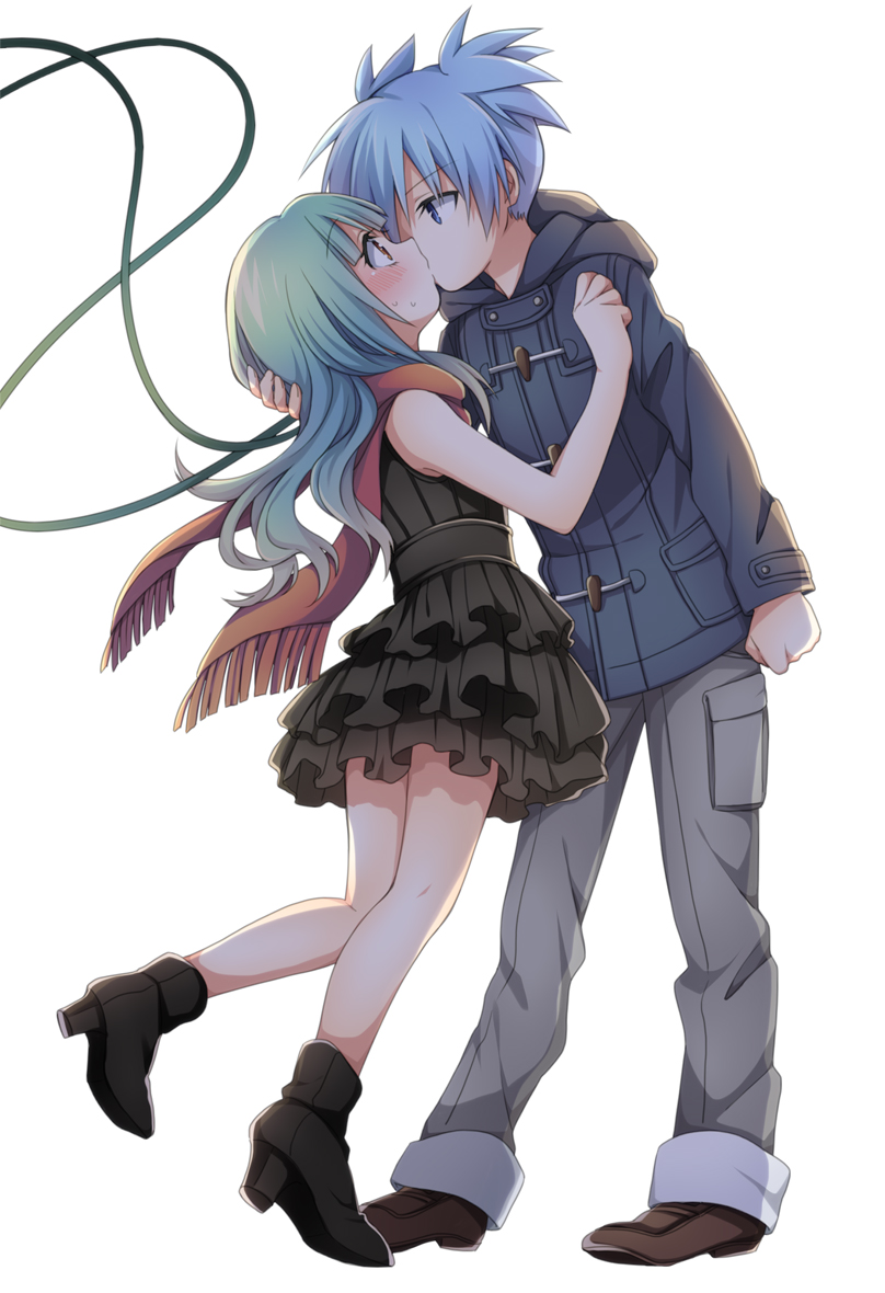 10s, 1boy, 1girl, ankle_boots, ansatsu_kyoushitsu, blue_eyes, blue_hair, blush