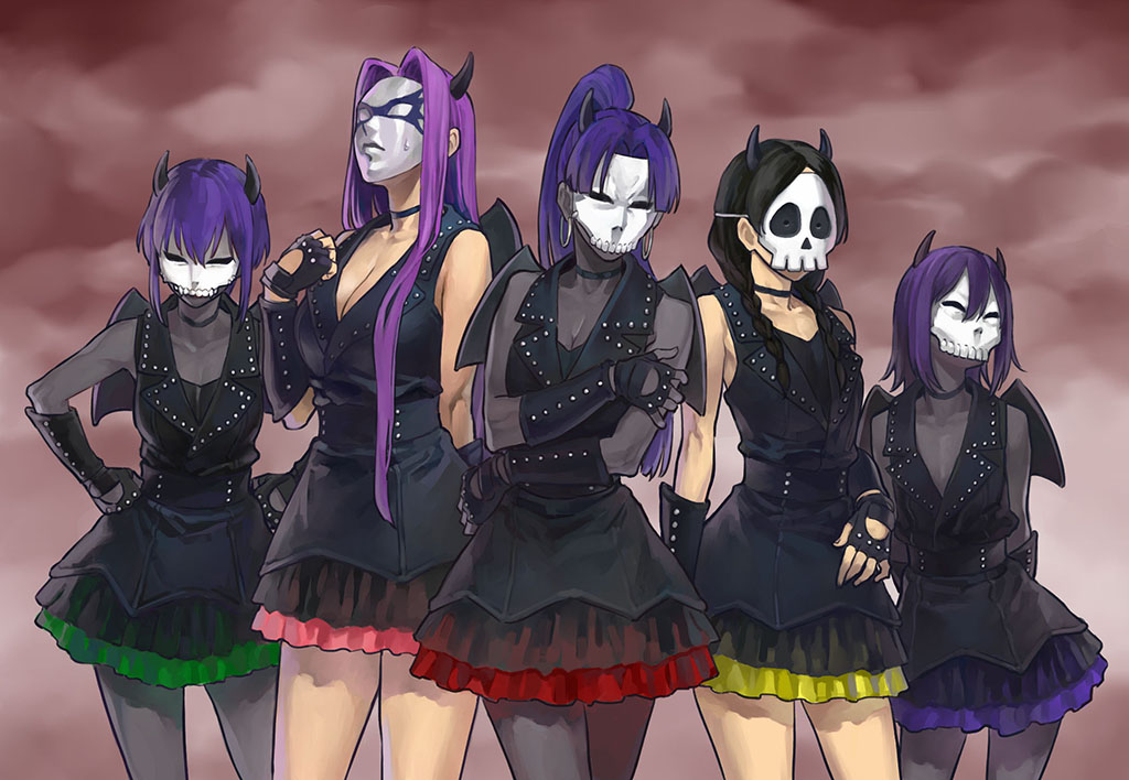 5girls, april_fools, assassin_(fate/zero), bare_shoulders, black_hair, braid, breasts, child_assassin_(fate/zero)