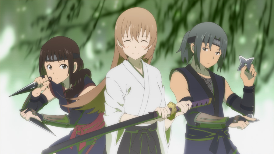 1boy, 2girls, ^_^, april_fools, armor, blonde_hair, blush, closed_eyes, forehead_protector, hakama, hakama_skirt, japanese_armor, japanese_clothes, katana, kote, kunai, long_hair, mashiba_mitsuki, mashiba_youhei, multiple_girls, ninja, official_art, sheath, shuriken, skirt, smile, sword, todoroki_yachiyo, unsheathing, weapon, working!!