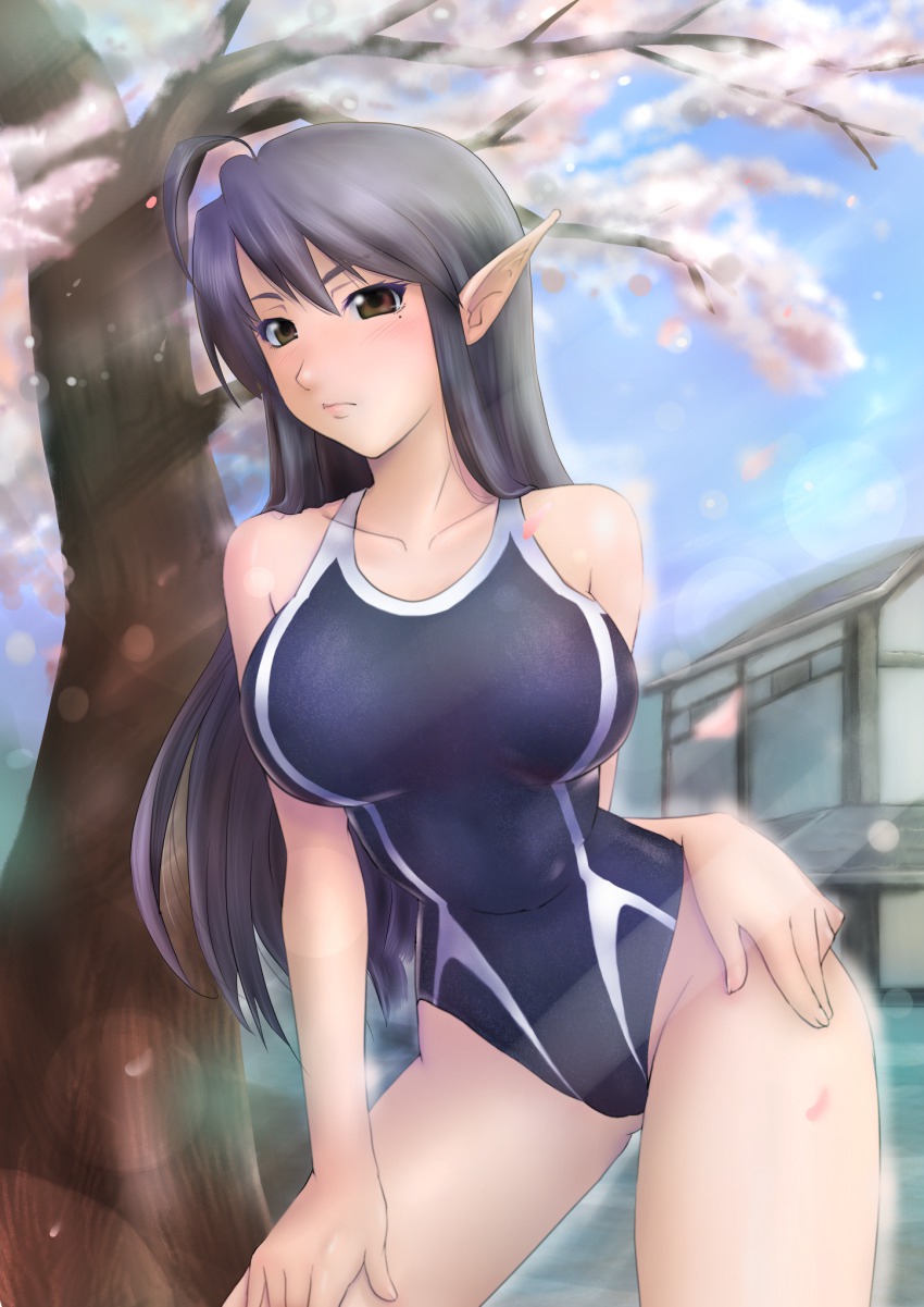 1girl, black_hair, breasts, brown_eyes, character_request, competition_swimsuit, haneori, highres
