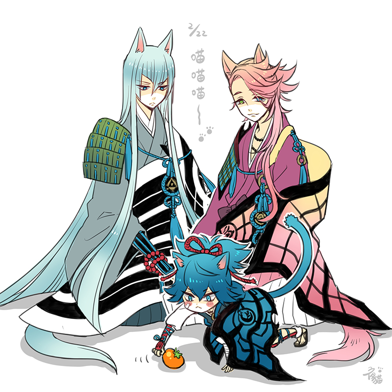 10s, 3boys, :<, animal_ears, armor, blue_eyes, blue_hair, blush_stickers, cat_boy, cat_day, cat_ears, cat_tail, food, fruit, green_eyes, heterochromia, japanese_armor, japanese_clothes, kemonomimi_mode, kousetsu_samonji, long_hair, male_focus, md5_mismatch, multiple_boys, nightcat, orange_(fruit), persimmon, pink_hair, ponytail, samonji_family_(touken_ranbu), sayo_samonji, shoulder_armor, sitting, sode, souza_samonji, tail, touken_ranbu, very_long_hair