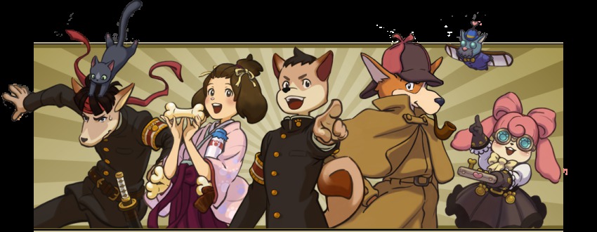 2girls, 3boys, ace_attorney, animalization, april_fools, capcom, dog, herlock_sholmes