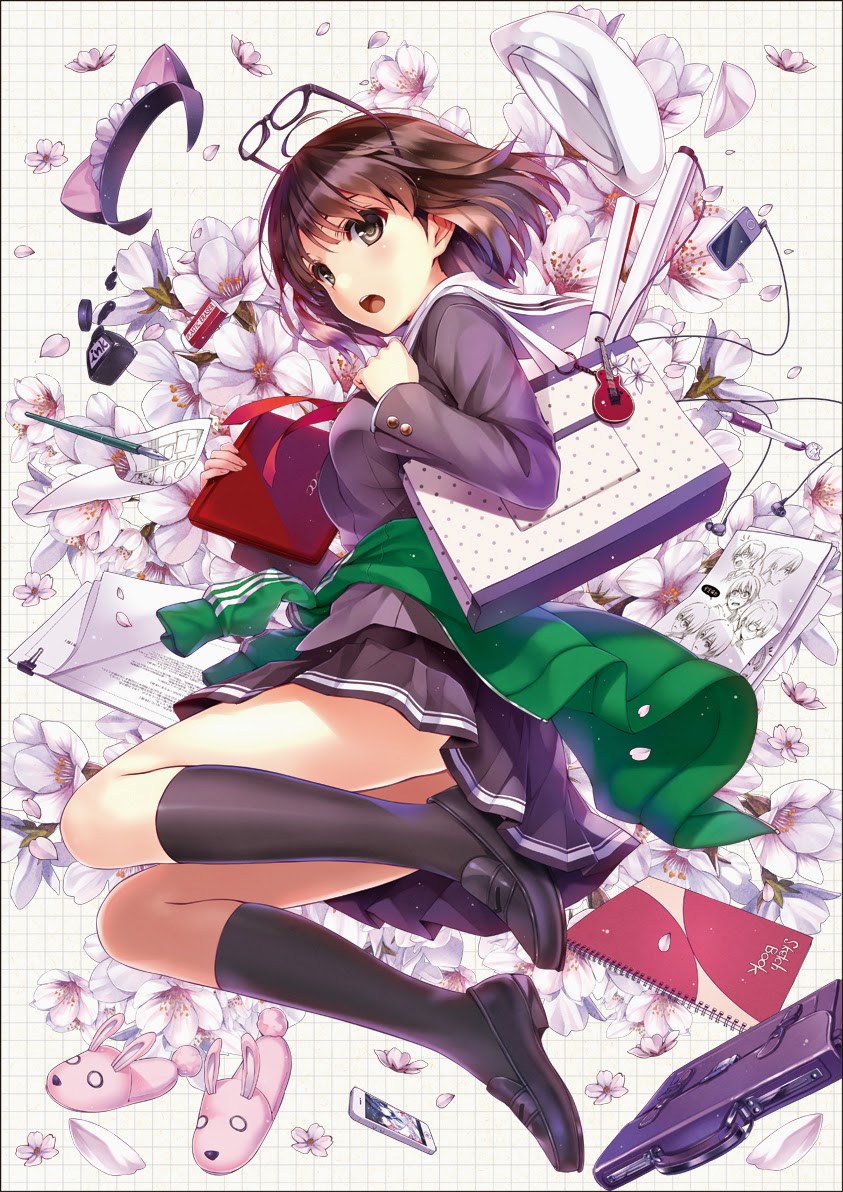 1girl, animal_ears, bag, bag_charm, beret, binder_clip, black_socks, blush, bottle, briefcase, brown_eyes, brown_hair, cat_ears, cellphone, charm_(object), mp3_player, electric_guitar, eraser, fake_animal_ears, female_focus, flip-flops, flower, fujimi_shobo, gibson_les_paul, glasses, guitar, hairband, hat, ink, inkwell, instrument, katou_megumi, kneehighs, loafers, long_legs, looking_at_viewer, manuscript_paper, mechanical_pencil, misaki_kurehito, nib_pen_(object), notebook, official_art, paper, pen, pencil, petals, phone, saenai_heroine_no_sodatekata, sandals, school_bag, school_briefcase, school_uniform, shoes, short_hair, skirt, slippers, smartphone, socks, solo, unworn_hat, unworn_headwear