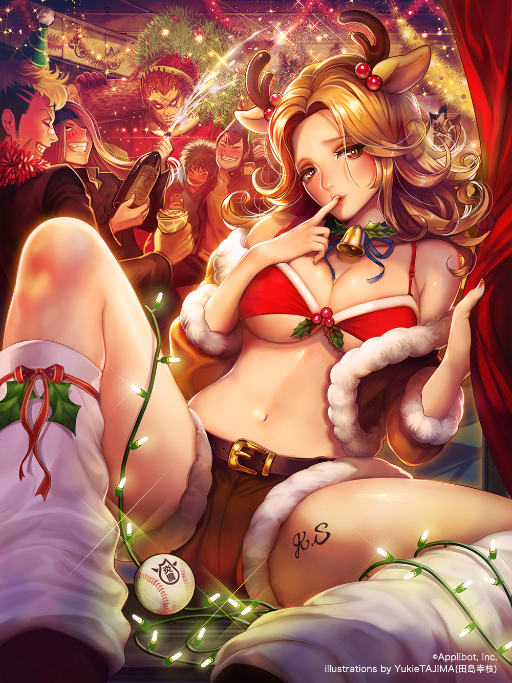 1girl, 5boys, alcohol, animal_ears, antlers, artist_name, bare_shoulders, baseball, bell, belt, bikini, bikini_top_only, black_hair, black_jacket, blonde_hair, blush, bottle, breasts, brown_eyes, brown_hair, champagne, christmas, christmas_garland, christmas_lights, christmas_party, christmas_tree, closed_eyes, coat, collar, company_name, curly_hair, curtains, dutch_angle, eyelashes, eyeshadow, fake_animal_ears, fake_antlers, finger_to_mouth, fur-trimmed_coat, fur_trim, furyou_michi_~gang_road~, grin, hair_bobbles, hair_ornament, hat, head_tilt, highres, holding, holding_bottle, holly, horns, indoors, jacket, large_breasts, leg_tattoo, lips, long_hair, long_sleeves, loose_socks, makeup, mascara, mistletoe, mizuno_eri_(gang_road), multicolored_hair, multiple_boys, navel, neck_bell, off_shoulder, official_art, open_clothes, open_coat, open_jacket, original, party, party_hat, reindeer_antlers, ribbon, santa_hat, short_shorts, shorts, shushing, sitting, smile, socks, solo_focus, sparkle, spread_legs, swimsuit, tajima_yukie, tattoo, teeth, two-tone_hair, white_legwear