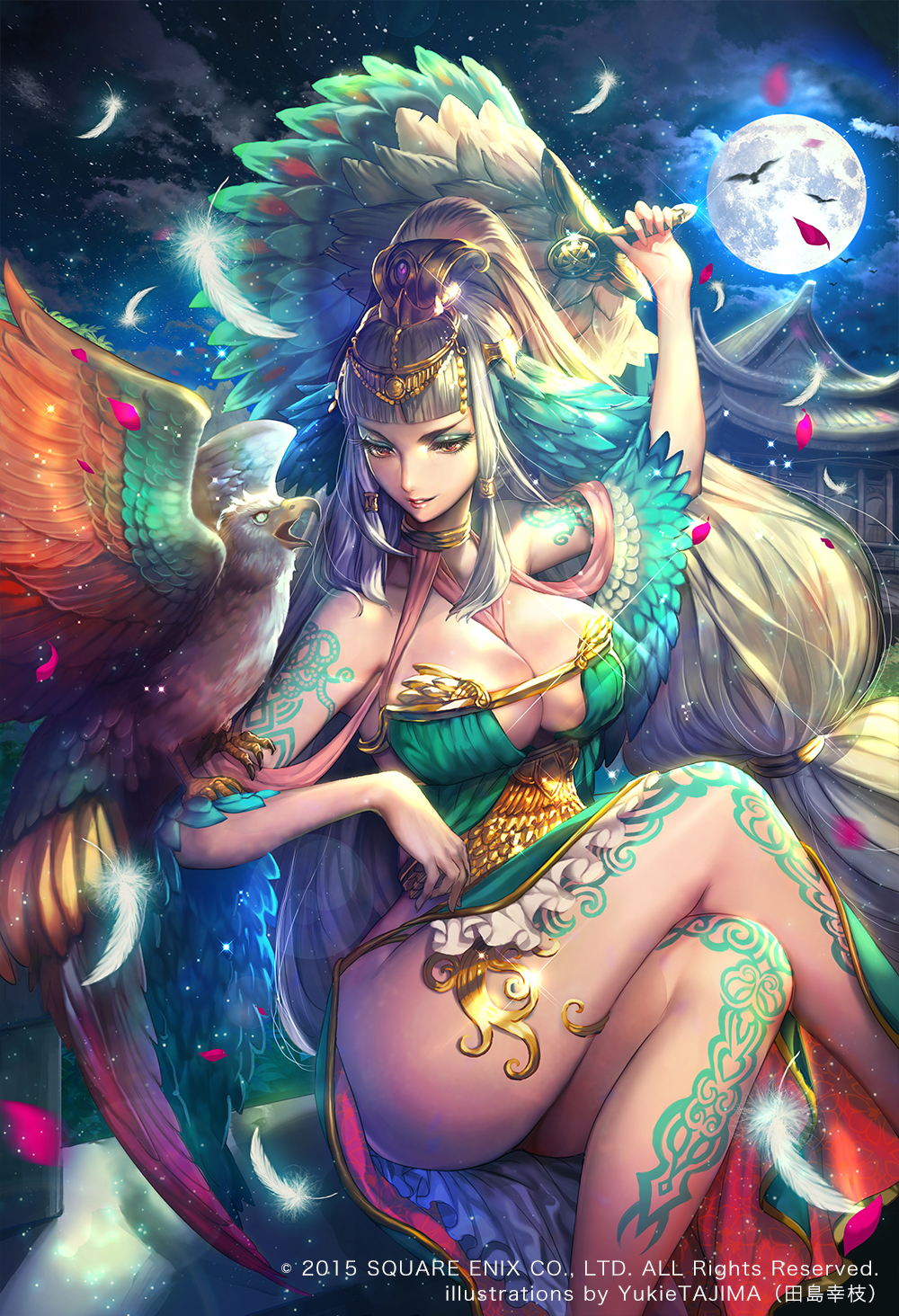 10s, 1girl, 2015, bare_legs, bare_shoulders, big_hair, bird, blunt_bangs, breasts, cleavage, colorful, crossed_legs, feathers, female_focus, full_moon, gender_request, genderswap, hand_fan, highres, large_breasts, long_hair, moon, night, official_art, original, red_eyes, romance_of_the_three_kingdoms, sangokushi_ranbu, silver_hair, sitting, smile, solo, square_enix, tajima_yukie, tattoo, thighs, very_long_hair, zhuge_liang