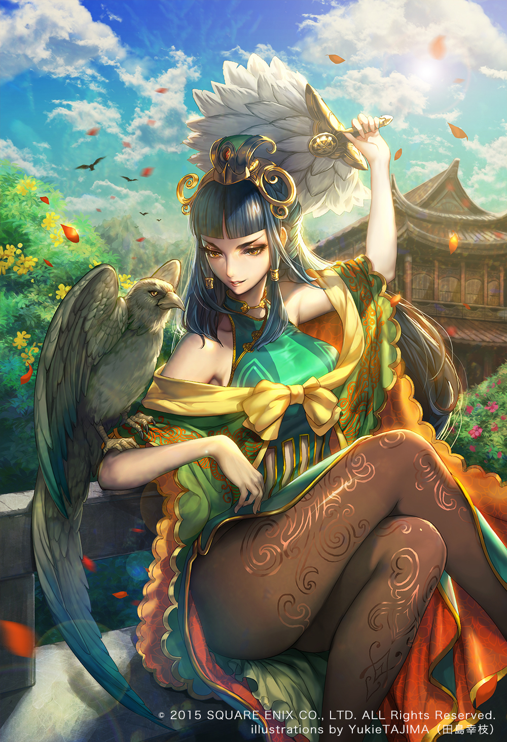 10s, 1girl, 2015, animal_on_arm, architecture, bare_shoulders, bird, bird_on_arm, blue_hair, blunt_bangs, braid, chinese_clothes, cloud, crossed_legs, day, east_asian_architecture, feather_fan, female_focus, genderswap, genderswap_(mtf), hand_fan, headgear, highres, lens_flare, official_art, original, pantyhose, petals, romance_of_the_three_kingdoms, sangokushi_ranbu, sitting, sky, smile, solo, square_enix, tajima_yukie, thighs, yellow_eyes, zhuge_liang