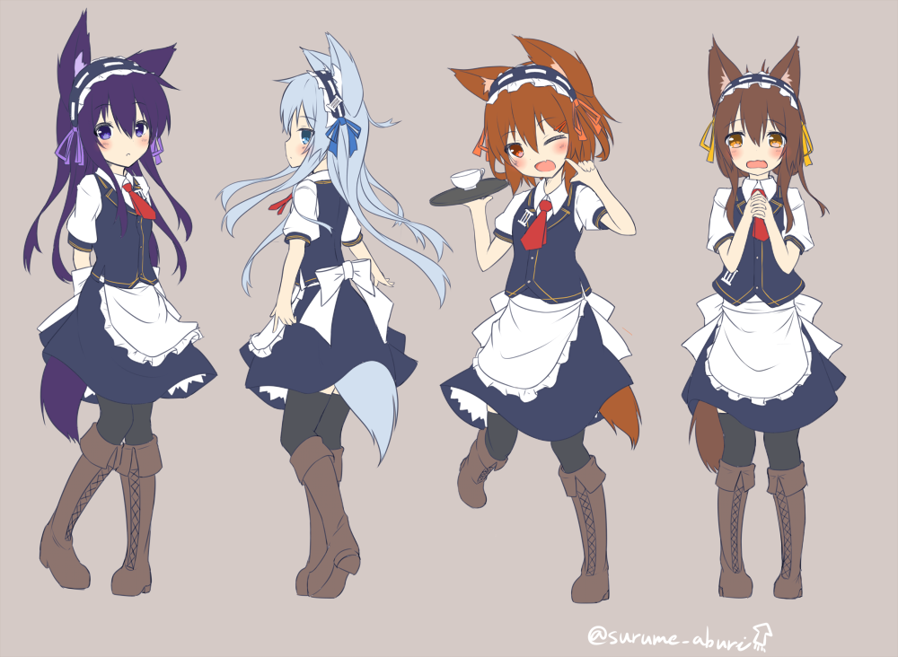 10s, 4girls, ;d, akatsuki_(kancolle), alternate_costume, animal_ears, apron, arms_behind_back