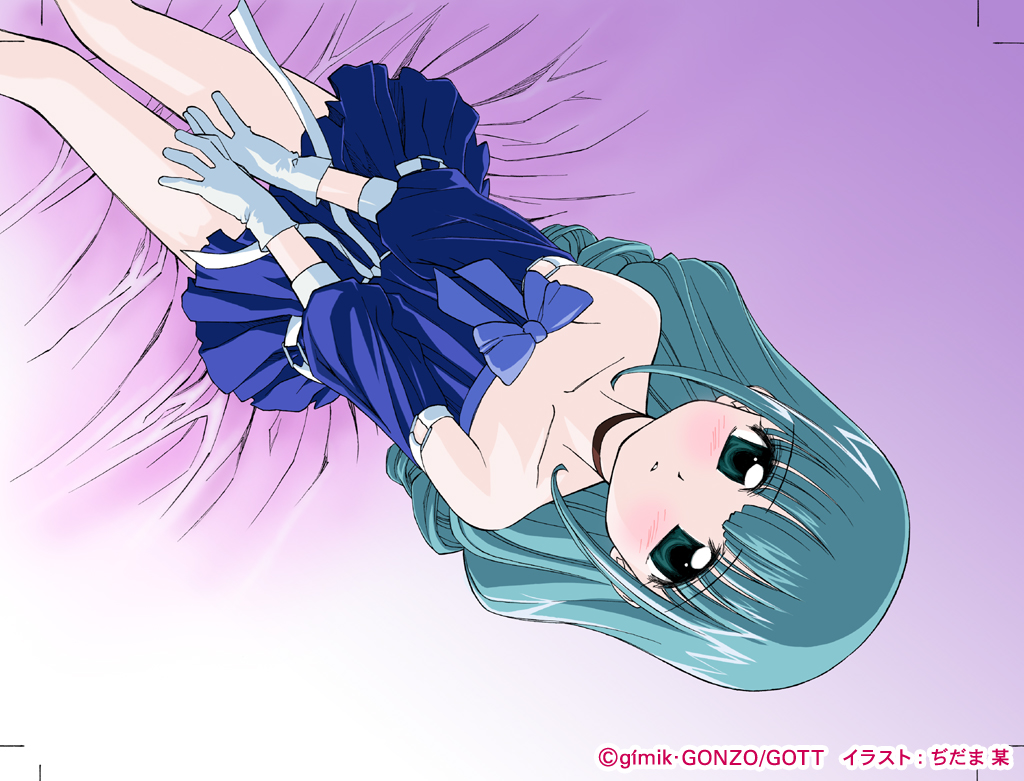 00s, 1girl, bed, blue_dress, blush, collarbone, detached_sleeves, ditama_bow