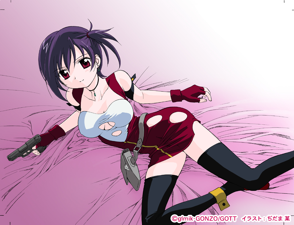 00s, 1girl, bed, black_hair, black_thighhighs, breasts, collarbone, ditama_bow