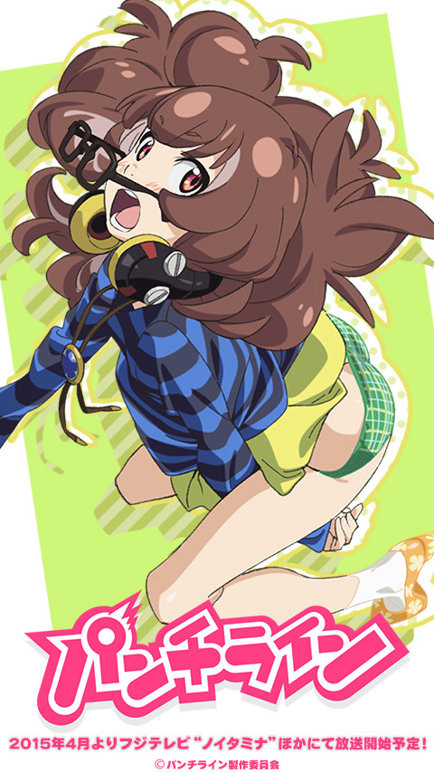 10s, 1girl, ass, brown_hair, daihatsu_meika, falling, female_focus, glasses, green_panties, headphones, open_mouth, panties, plaid_clothes, plaid_panties, punch_line, punchline, simple_background, socks, solo, underwear