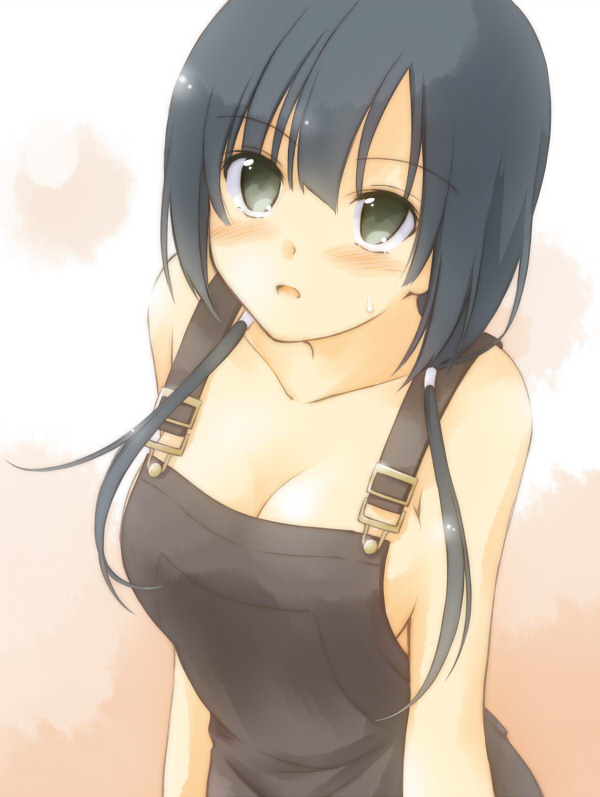 10s, 1girl, bare_shoulders, black_hair, blush, breasts, cleavage, female_focus, green_eyes, long_hair, medium_breasts, naked_overalls, natsushi, no_bra, open_mouth, overalls, shirobako, solo, sweatdrop, upper_body, yasuhara_ema
