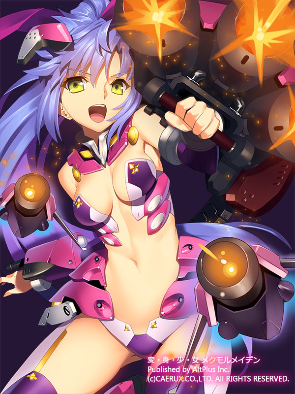 1girl, blue_hair, breasts, cleavage, company_name, copyright_name, female_focus, gun