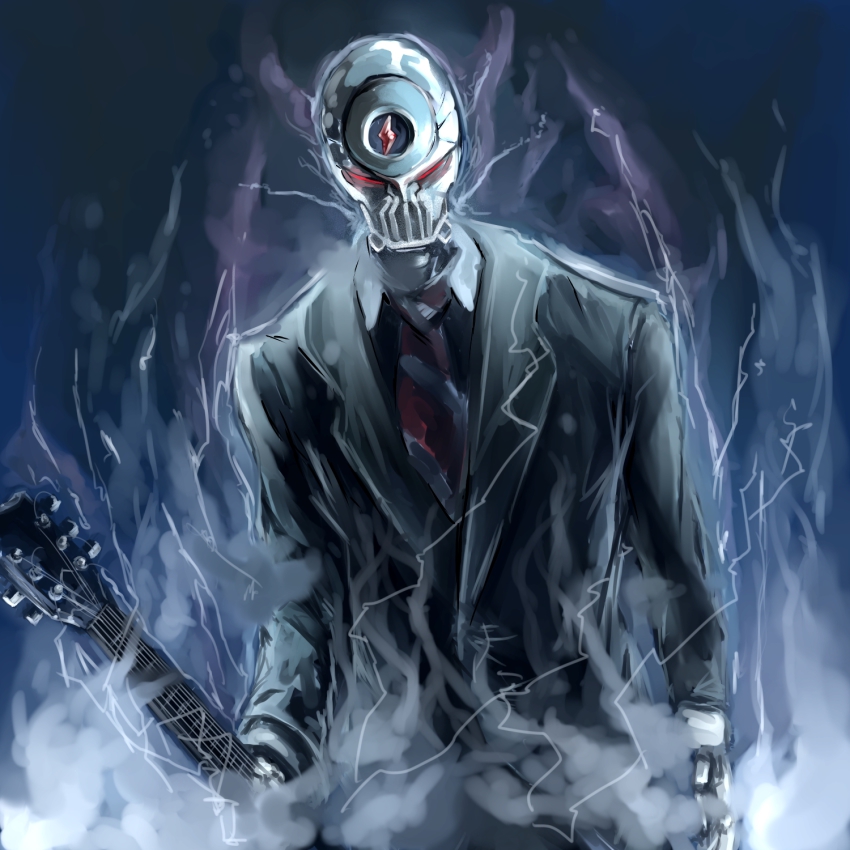 1boy, formal_clothes, guitar, highres, instrument, machine, male_focus, natrium