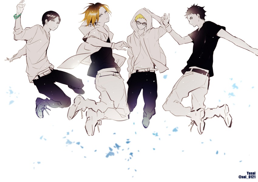 10s, 4boys, akaashi_keiji, black_hair, blonde_hair, bracelet, full_body, glasses