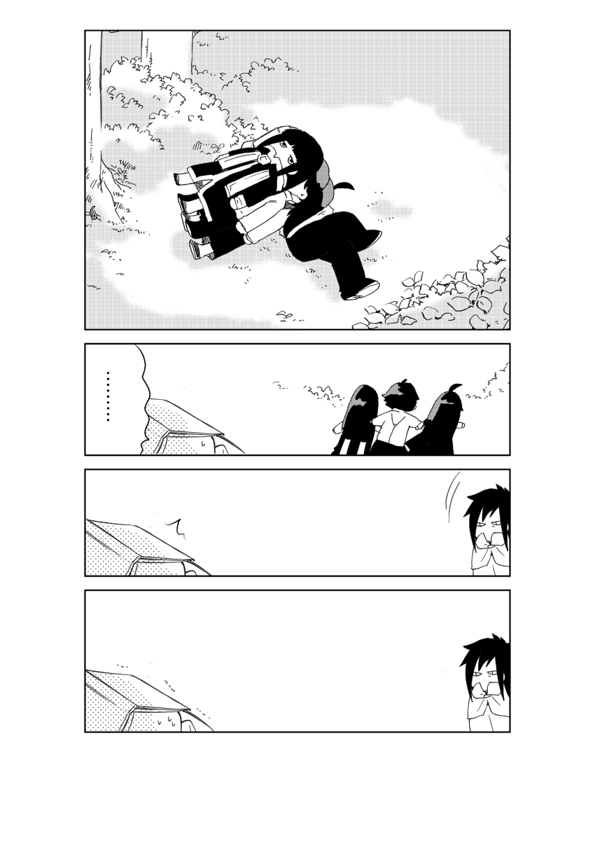 2boys, 3girls, black_hair, comic, edge_finrandi, father_and_child, father_and_daughter, greyscale